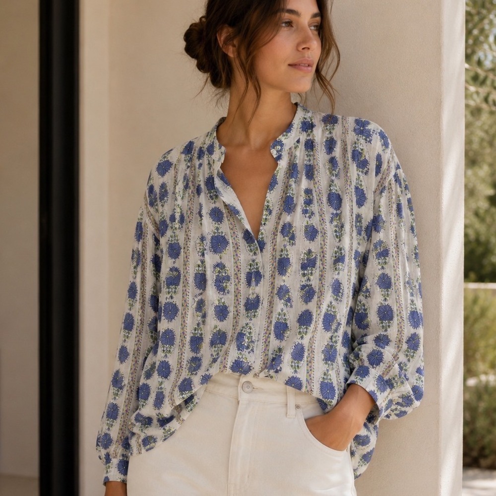Easy Clothes Blouse Womens One Size White Blue Floral Block Print Boho Button Up